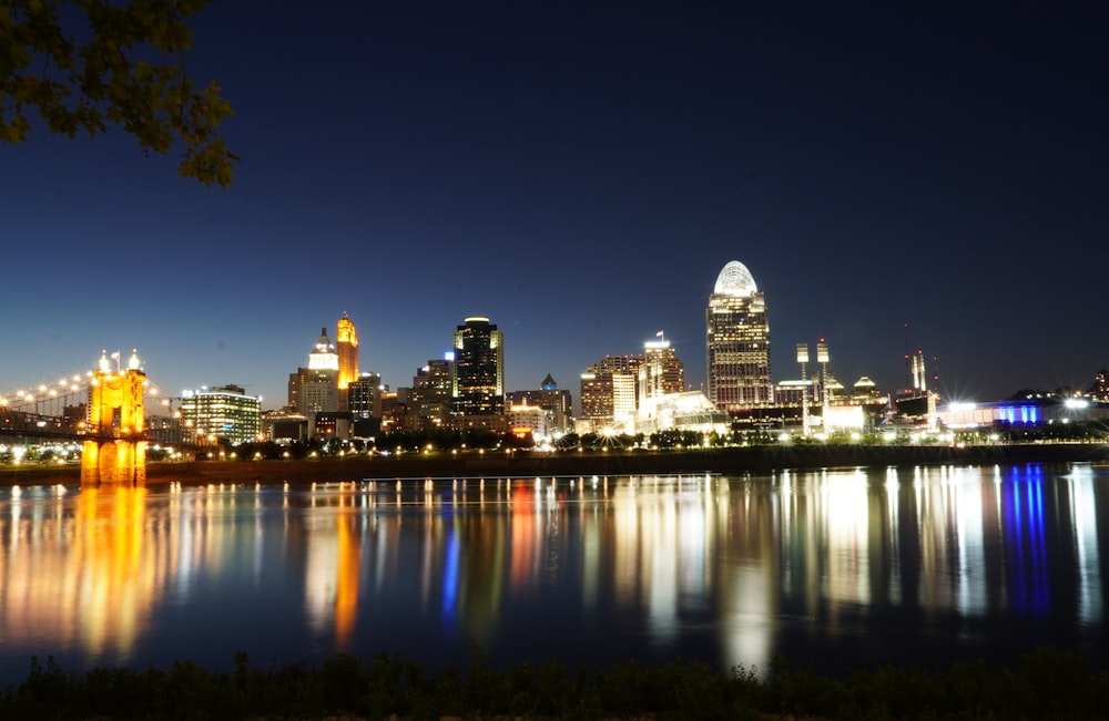 city skyline during night time