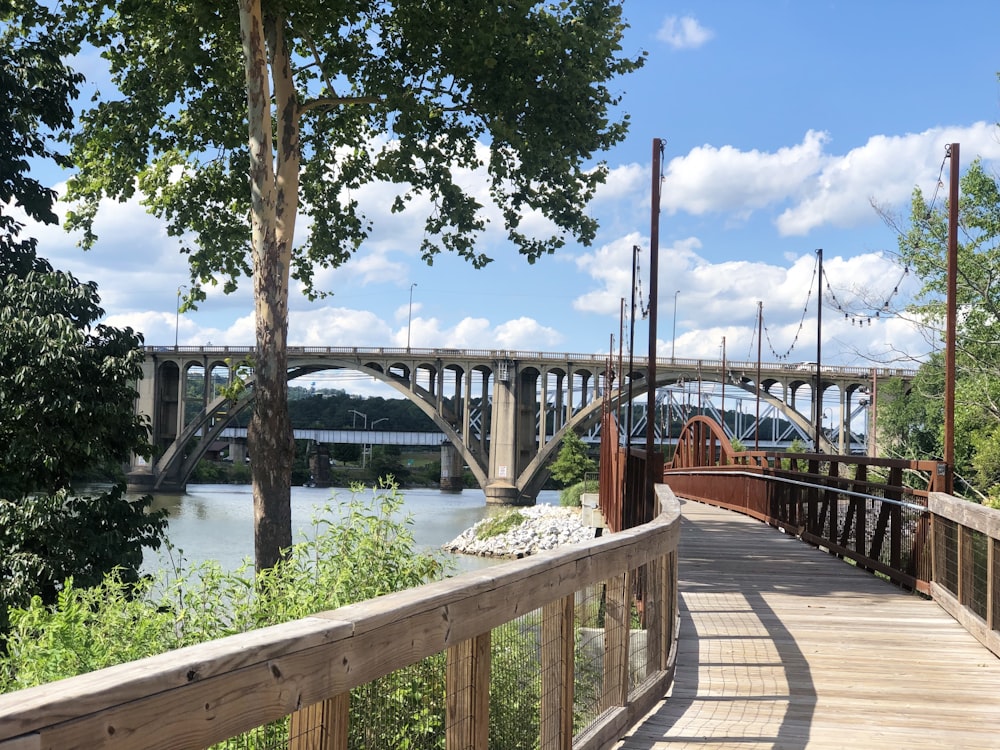 brown wooden bridge over river