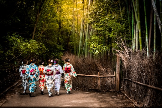 people in white and red kimono walking on pathway between trees during daytime in Arashiyama Japan