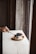 A hand holding a fork is about to take a piece from a blueberry-topped cheesecake on a wooden plate. The cheesecake is accompanied by a dollop of whipped cream on a white wooden surface next to a window, casting soft natural light.
