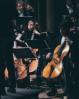 Musicians are gathered in an orchestra setting, focusing on playing string instruments. The scene is dimly lit, emphasizing the musicians' concentration and the rich tones of the wooden instruments.