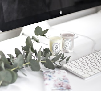 A minimalist workspace featuring CBD-based beauty products.