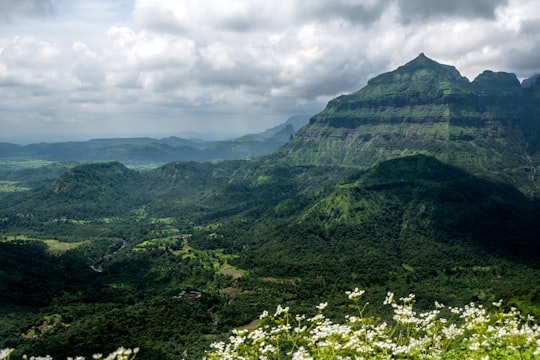 green mountains under white clouds during daytime in Malshej Ghat India