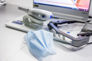 white and blue corded device