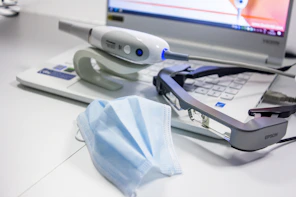 white and blue corded device
