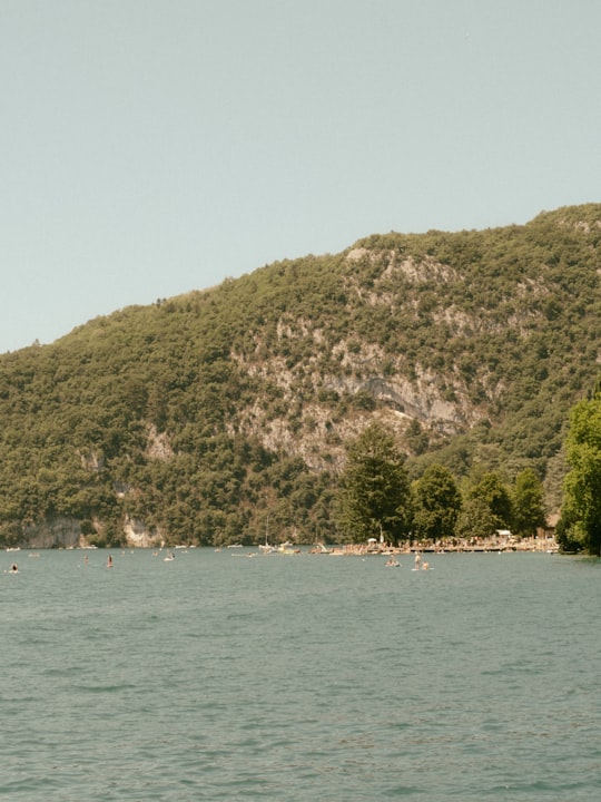 green mountain beside body of water during daytime in Lac d'Annecy France