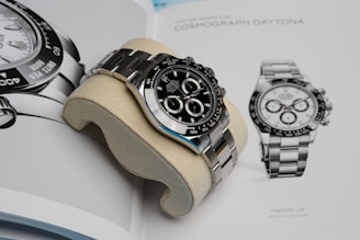 silver and black chronograph watch