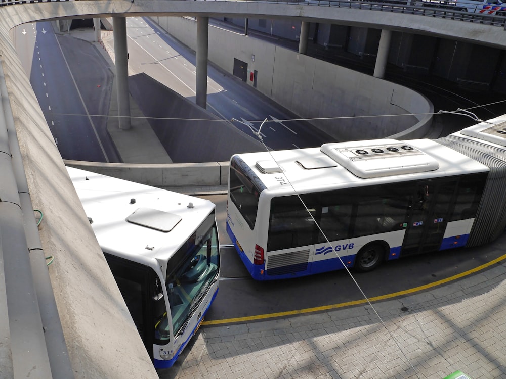 white and blue bus on road