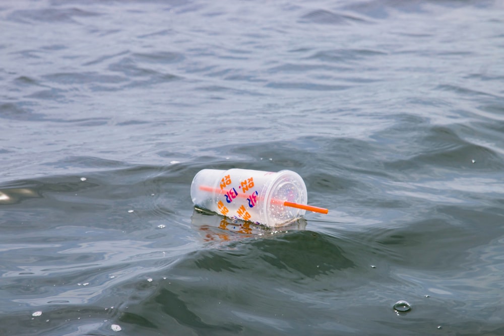 Gobelet en plastique blanc et rouge sur l’eau