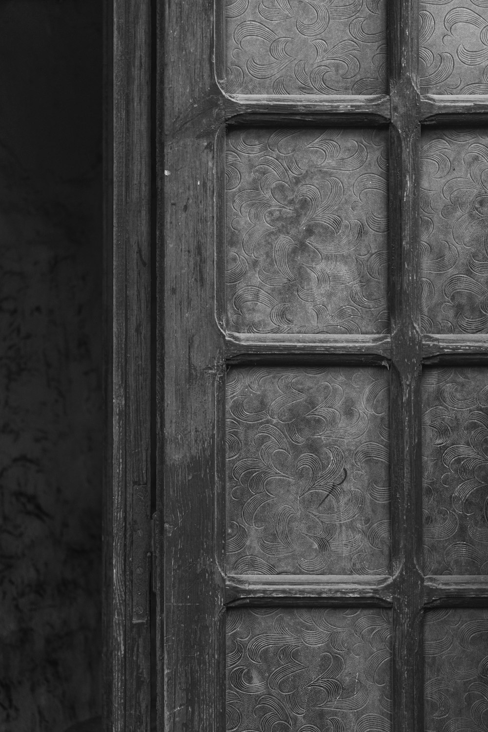 brown wooden window with white floral print