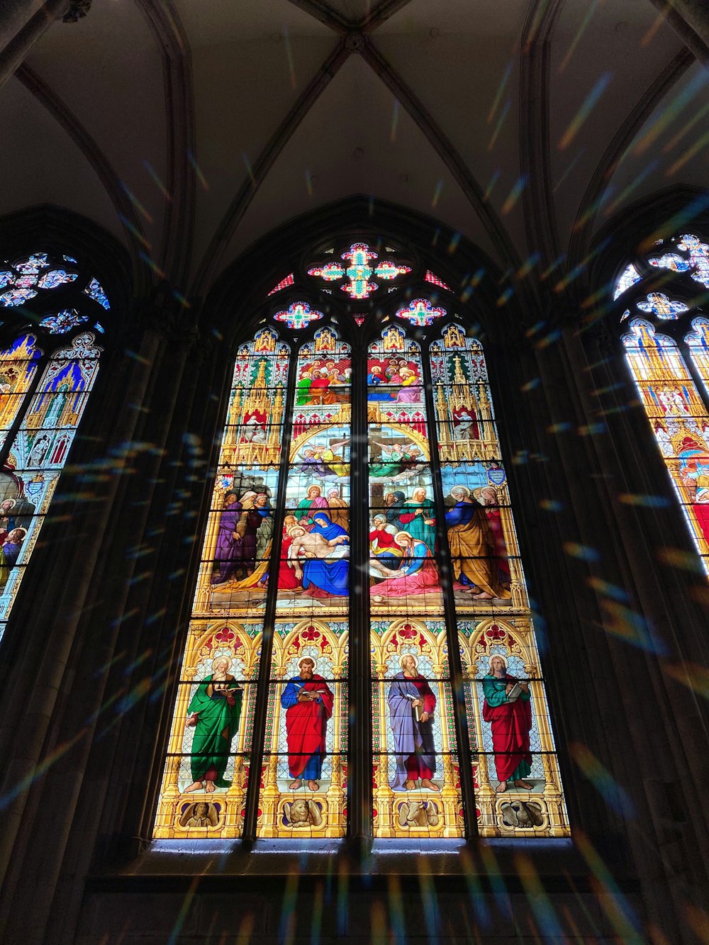 blue red and yellow glass window