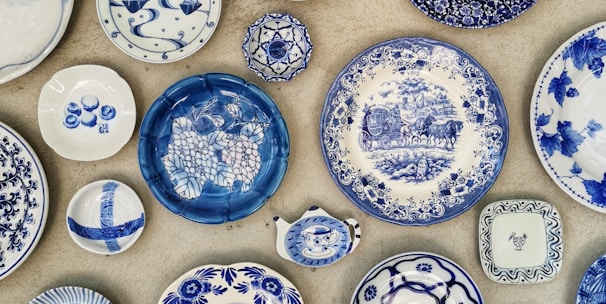 blue and white ceramic plate