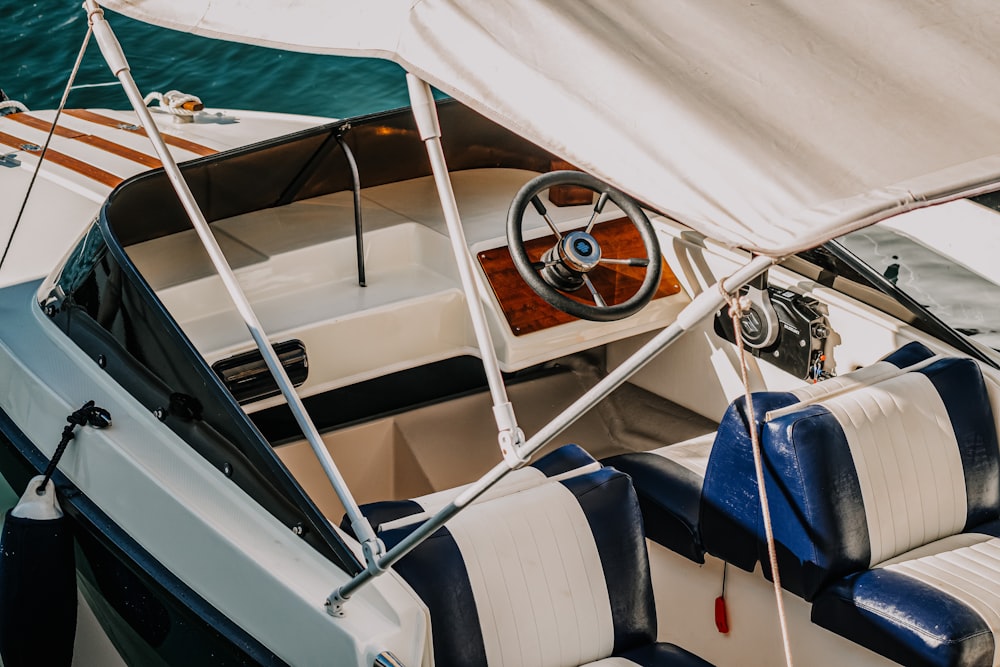 white and blue boat interior