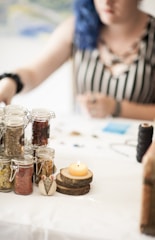 A serene evening scene with crafting materials on a table.