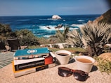 A stack of handwritten journals and a cup of tea by a window with ocean views.
