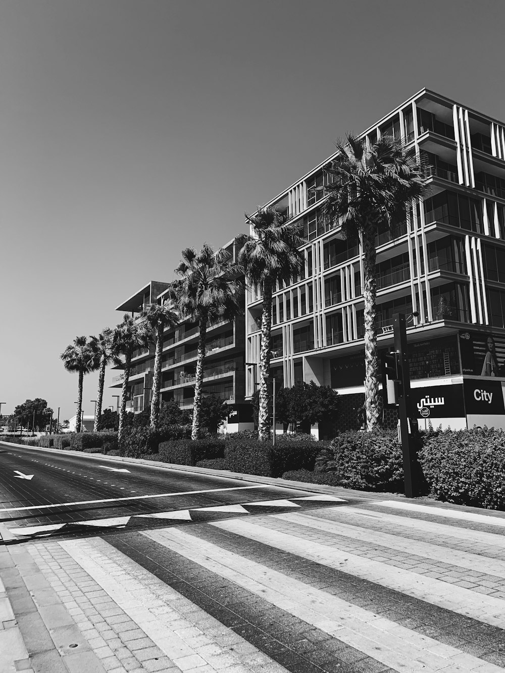 grayscale photo of a road in the middle of a building