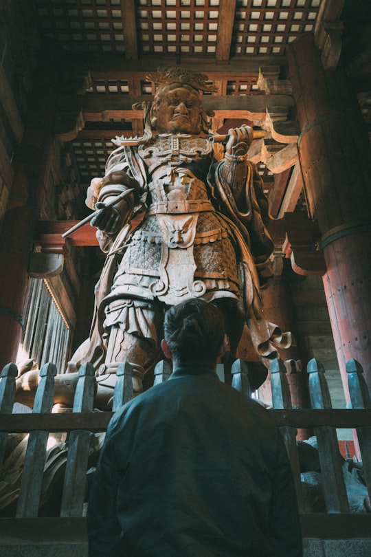 man in black shirt standing in front of brown concrete statue in Nara Park Japan