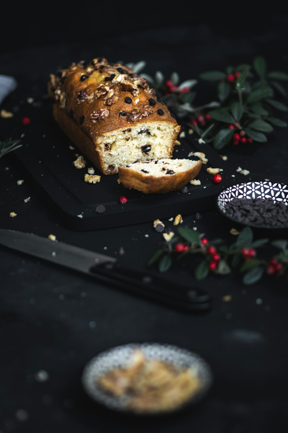 bread on black rectangular tray