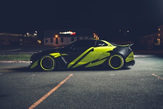 A sleek in-game car with custom paint and glowing yellow accents under dark purple city lights.