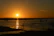 A serene sunset over the mangroves with a traditional pirogue gliding through calm waters.