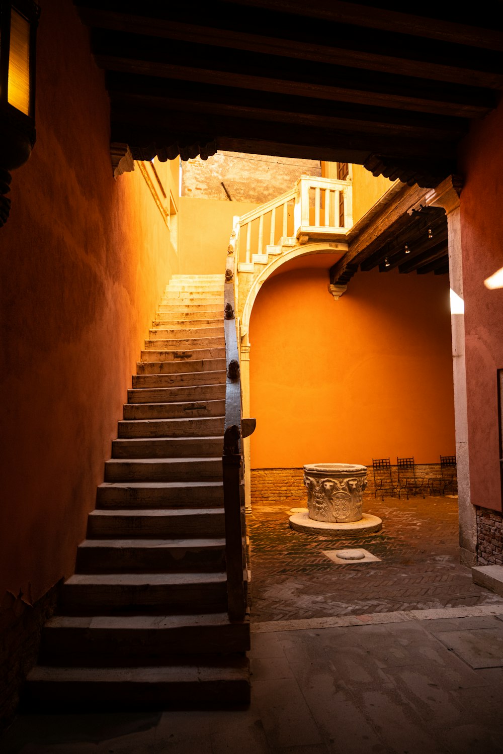 empty staircase with yellow wall paint