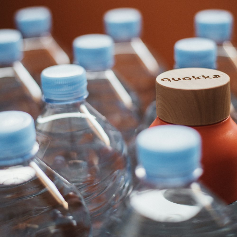 blue and white plastic bottles