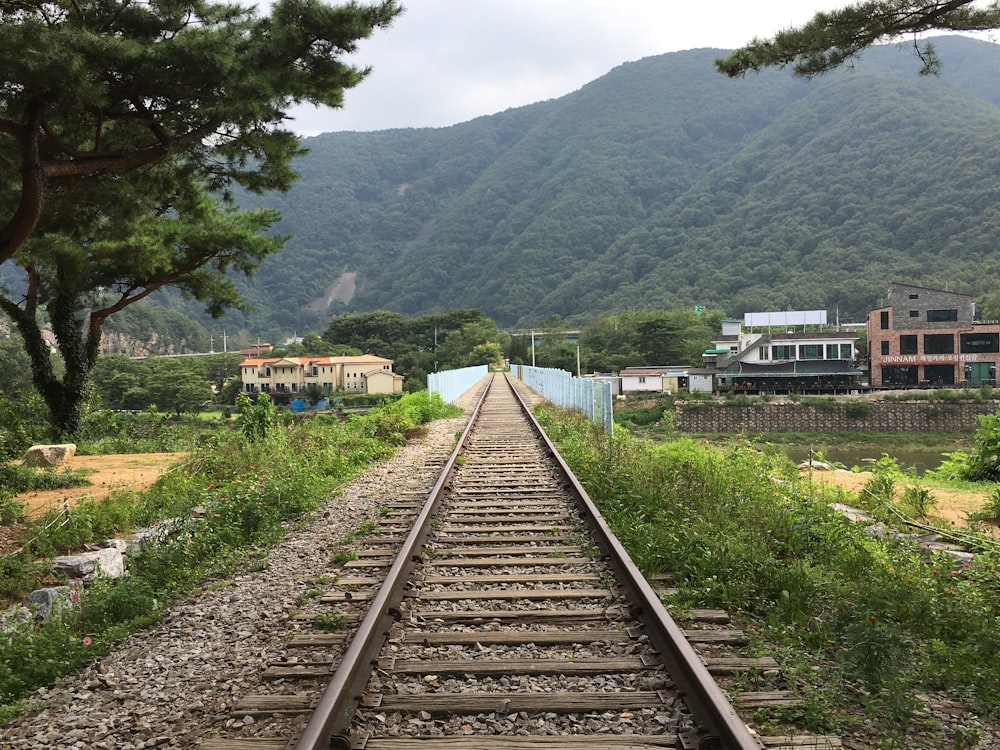 train rail near green mountain during daytime