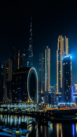 city skyline during night time