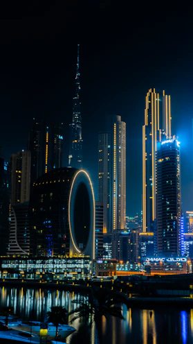 city skyline during night time