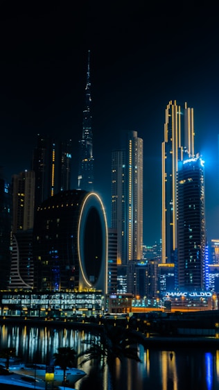 city skyline during night time