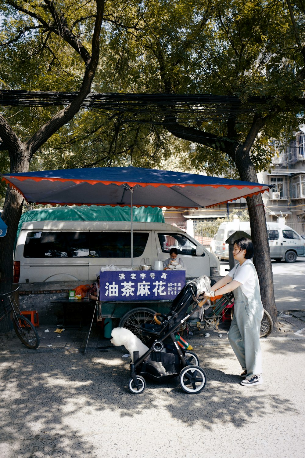 a woman standing next to a baby carriage under a canopy