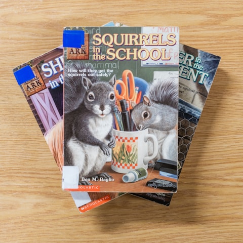 Three children's books are stacked on a wooden surface. The book on top features an illustration of two squirrels surrounded by school supplies, including scissors and a pencil, with the title 'Squirrels in the School'.