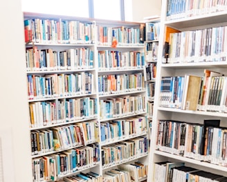 white wooden book shelves with books