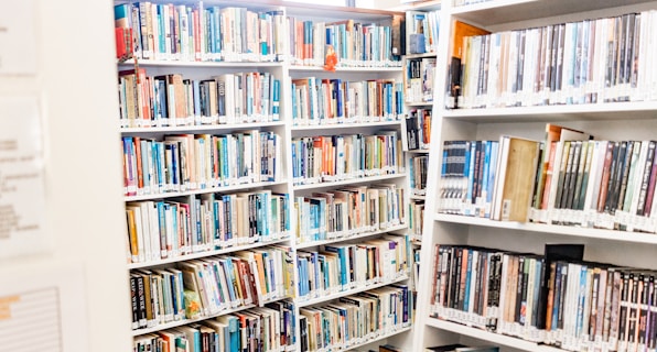 white wooden book shelves with books