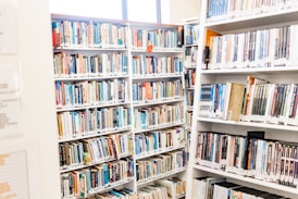 white wooden book shelves with books