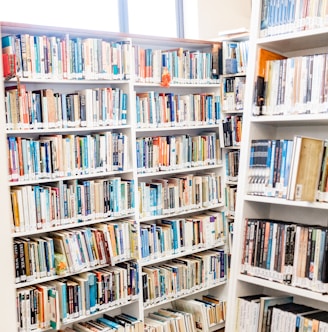 white wooden book shelves with books