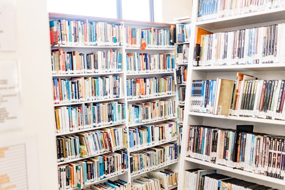 white wooden book shelves with books