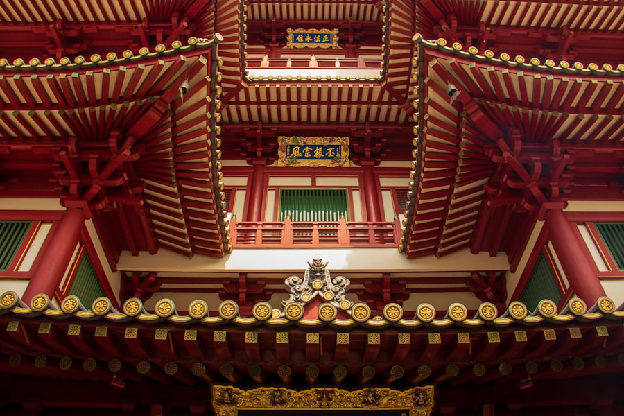 Buddha Tooth Relic Temple exterior with red lanterns in Chinatown