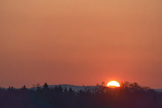 A vibrant sunset over a misty forest captured with warm tones and deep shadows