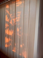Vertical blinds partially illuminated by warm sunlight, casting soft, natural patterns and shadows across the surface.