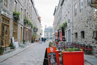 Historic cobblestone street lined with quaint shops and cafes.