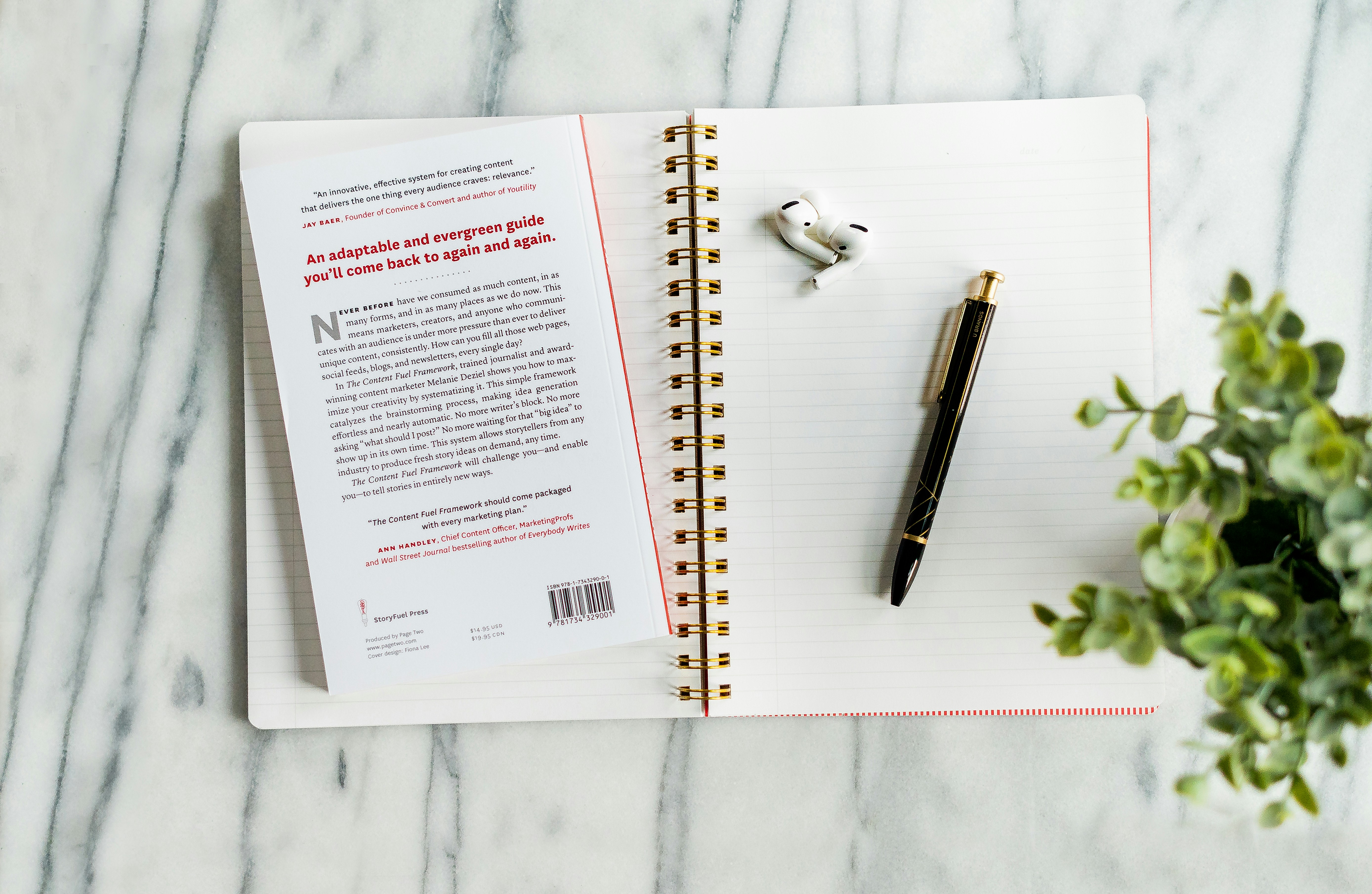 Workspace flatlay with notebook and plant