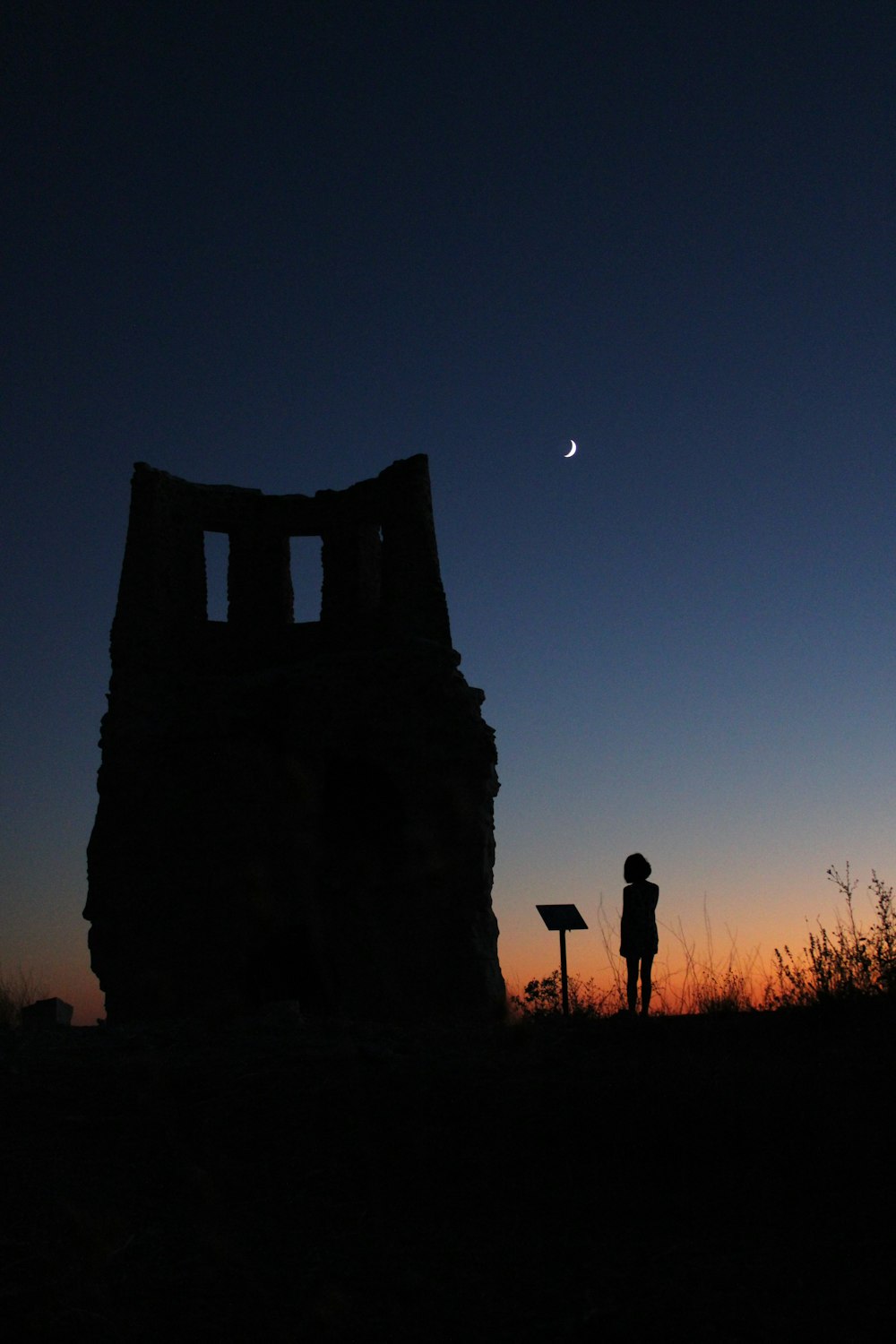 silhouette of people standing near rock formation during night time