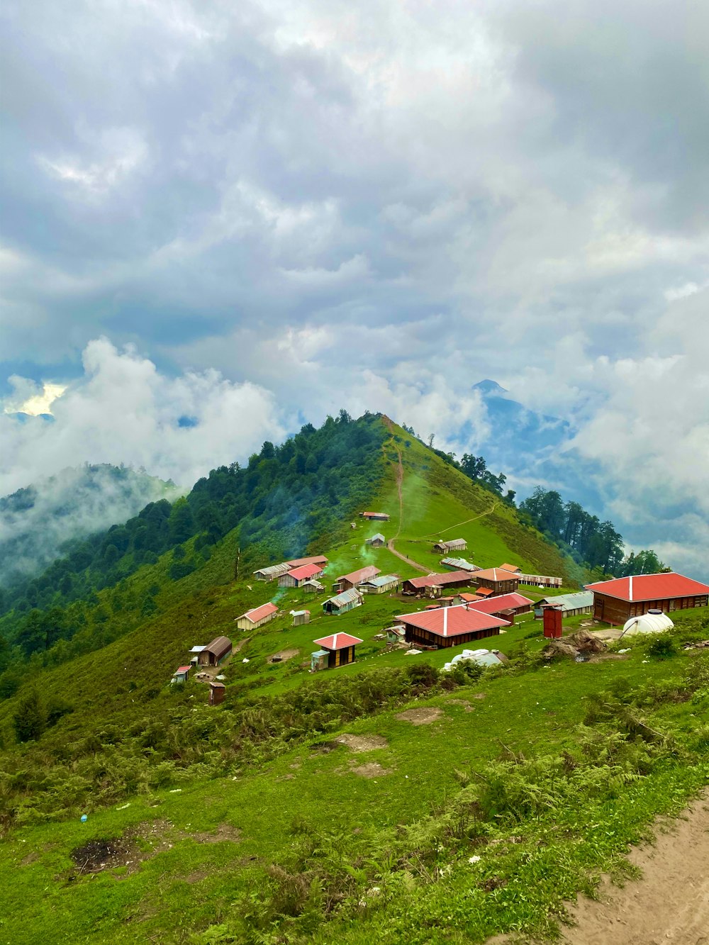 Casas en un campo de hierba verde bajo nubes blancas y cielo azul durante el día