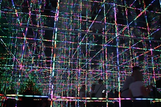 A mesmerizing grid of multicolored LED lights creates a three-dimensional effect with reflections across multiple mirrored surfaces. The lines of light intersect at right angles, forming a complex pattern that appears infinite and immersive. Two figures are visible in the foreground, partially silhouetted against the vibrant display.