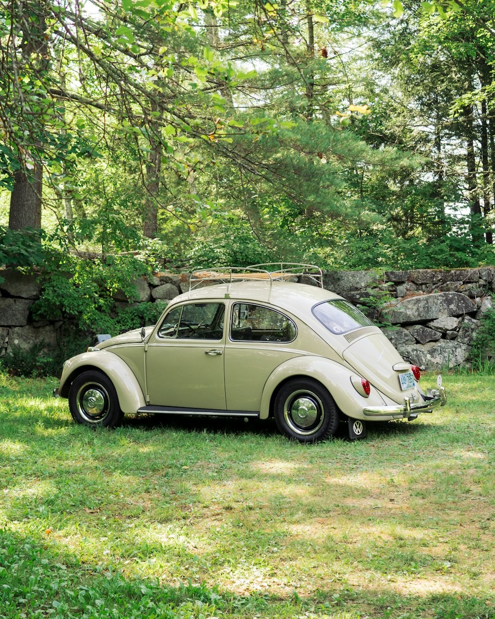 white volkswagen beetle parked on green grass field during daytime