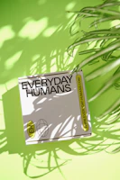 A box labeled 'EVERYDAY HUMANS' lies on a bright green surface, partially covered by the shadows of leaves from nearby plants. The box features a website URL and an emblem with the initials 'EH' next to a globe icon. The lighting creates sharp contrasts with the shadows adding a dynamic pattern across the scene.