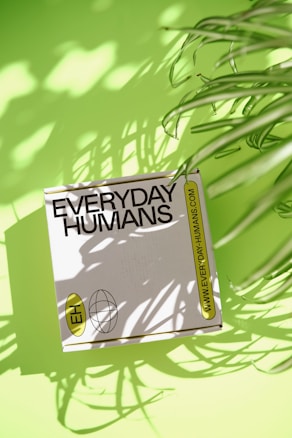 A box labeled 'EVERYDAY HUMANS' lies on a bright green surface, partially covered by the shadows of leaves from nearby plants. The box features a website URL and an emblem with the initials 'EH' next to a globe icon. The lighting creates sharp contrasts with the shadows adding a dynamic pattern across the scene.