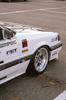 The image captures a close-up view of a white sports car parked on an asphalt surface. The car features various decals and logos such as Nissan PDC, FET Kyokuto, SSR, and HKS. The focus is on the rear section of the car, showcasing the distinctive rims and the sleek bodywork.