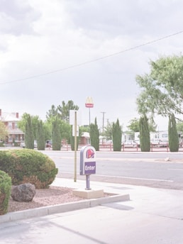 A suburban street scene featuring a fast-food restaurant sign with a recognizable logo and the word 'Enter' underneath. In the background, there are tall trees lining the road, a residential house, and other commercial signage. The sky is overcast, adding a muted tone to the image.